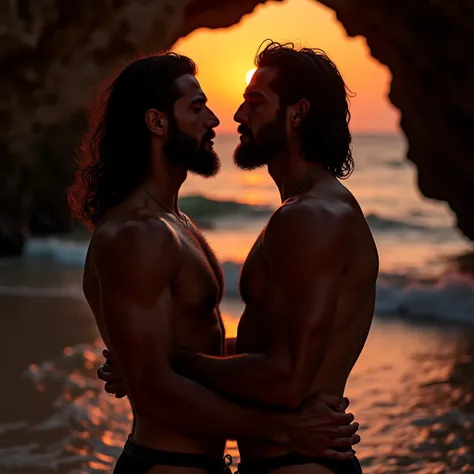 Two handsome men with beards, The two men look at each other with a lot of lust with their eyes closed , her sensually shaped body , inside a cave on the beach with the waves of the sea with orange and red light are visible,  with two tall men , two romant...