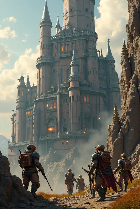 Steampunk warriors maintaining a castle 