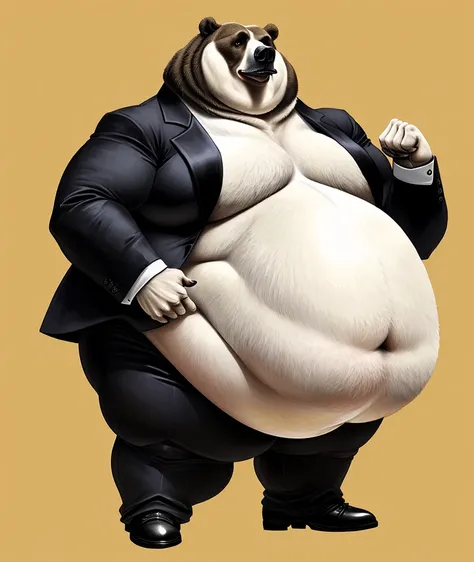 Single Very Extremely Morbidly-Obese Bear standing on two legs with unbelievably Very very very Extremely Massive Overhang white Belly, wears shoes, wears Full tuxedo Suit, flexing, realistic proportions, wears full black pants, head smaller than the body,...