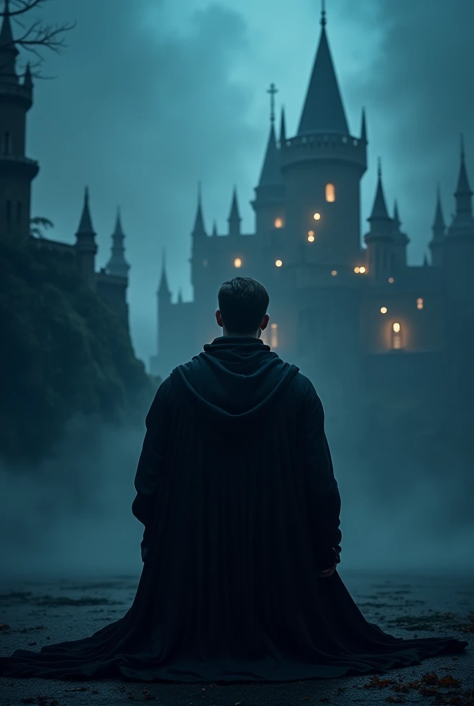 Male character kneeling on his back wearing black robe and night background and a castle with LED lights 