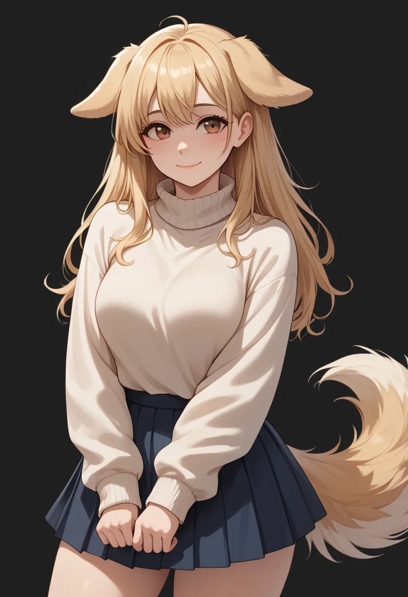 (Masterpiece) (High Detail) (High Res) A short curvy slim Humanoid canine female with pale human skin and brown eyes and long blonde straight hair and fluffy blonde floppy doggy canine ears and a long fluffy blonde doggy canine tail and medium breasts. She...