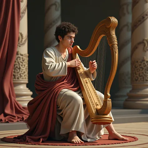 3D, David new 
 sitting playing the harp