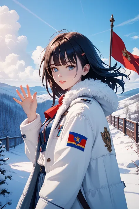 A girl with dark long hair in a fur coat and with the flag of the Russian anime Federation