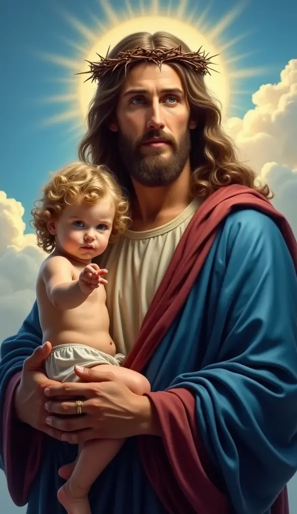 "A hyper-realistic digital illustration of Jesus Christ holding a baby with tenderness.  Jesus has long and wavy hair , well-defined beard and wears a crown of thorns. He wears a blue and white cloak, com um olhar sereno e compassivo.  The background is a ...