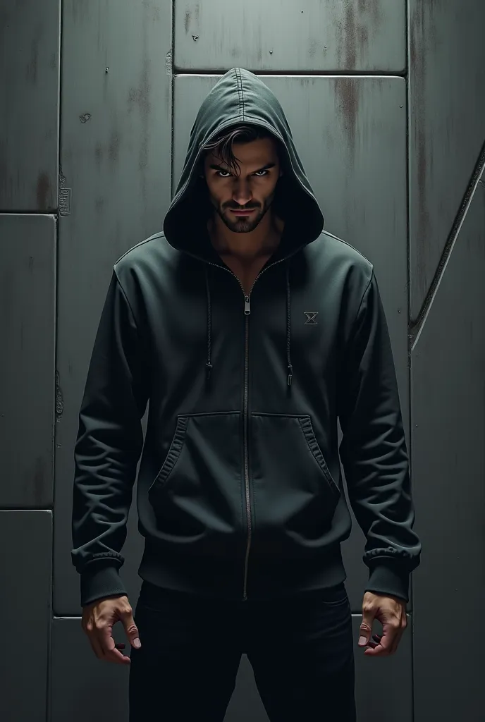 Create an image of a tall man with black as coal hair, athletic stature and brown-white eyes. A man stands in a hoodie against a background of a graphite wall  