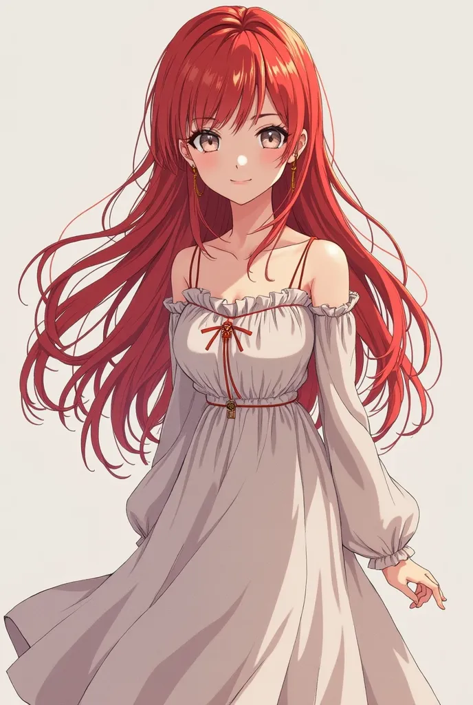 A full-length anime girl with long red hair and gray eyes with long bangs in a midi dress and long sleeves