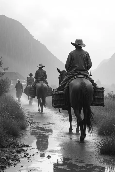 A caravan of Indians carrying luggage advances along a mountain road in heavy rain.  Don Alfonso , his wife and daughter , dressed in elegant but soaked clothes, They ride horses . Afro-Ecuadorian , covered with ponchos and straw hats, they walk with diffi...