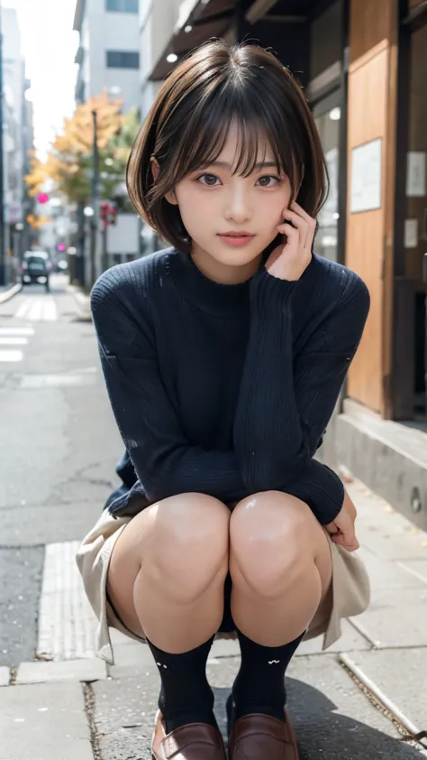 Photo taken by a professional photographer， woman crouching on the sidewalk with her legs crossed wearing a random colored sweater, kiko mizuhara,  wearing a sweater , Shirahime、Brown hair cut,  wearing a sweater , young and cute girl with her dad, Japanes...