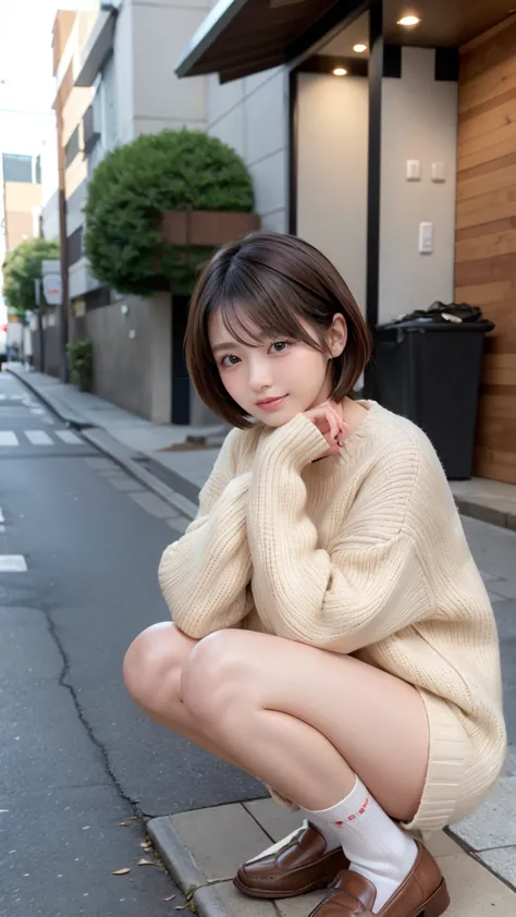 Photo taken by a professional photographer， woman crouching on the sidewalk with her legs crossed wearing a random colored sweater, kiko mizuhara,  wearing a sweater , Shirahime、Brown hair cut,  wearing a sweater , young and cute girl with her dad, Japanes...