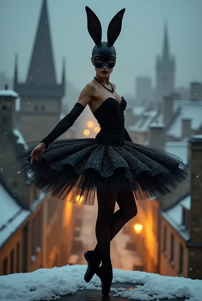 A dramatic full-body portrait of a mysterious ballerina standing en pointe on the edge of a rooftop, overlooking a breathtaking old European city at night. The architecture beneath her is a mix of gothic spires, historic stone buildings, and narrow cobbles...