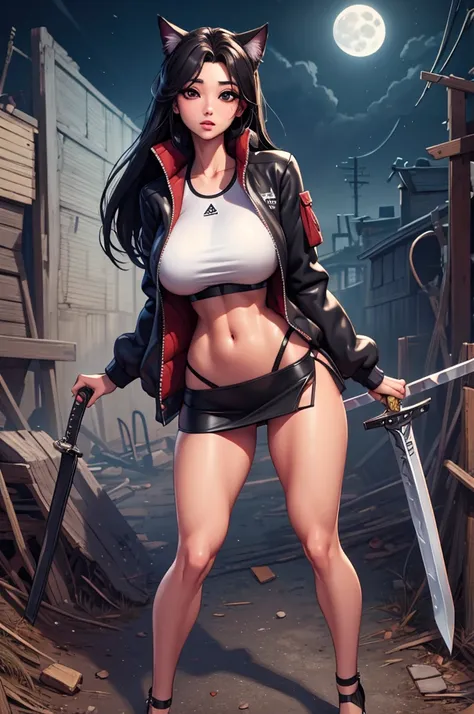 Masterpiece, Highest quality)), Detailed face, full bodyesbian, Full of details,  Highly detailed, Depth,cute Korean girl, large breasts, slim waist, wide hips, long sexy legs, long straight black hair, sports bra, cropped jacket, tight leather mini skirt,...