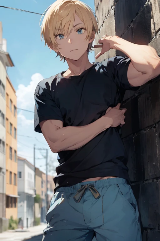 short blond flat hair，Blue Eyes， pretty boy，orange prison uniform，Prison style，Prison Background