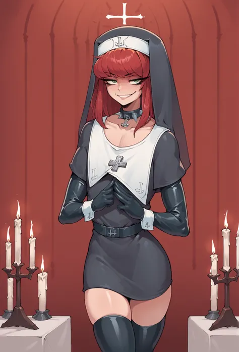 score_9, score_8_up, score_7_up, source_anime, masterpiece, BREAK,
1boy, femboy, solo, auburn hair, bangs, green eyes, eye makeup, nylon gloves, thigh highs,choker, nun outfit,
standing, smirk, holding hunter cross bow, 
indoors, red room, detailed backgro...