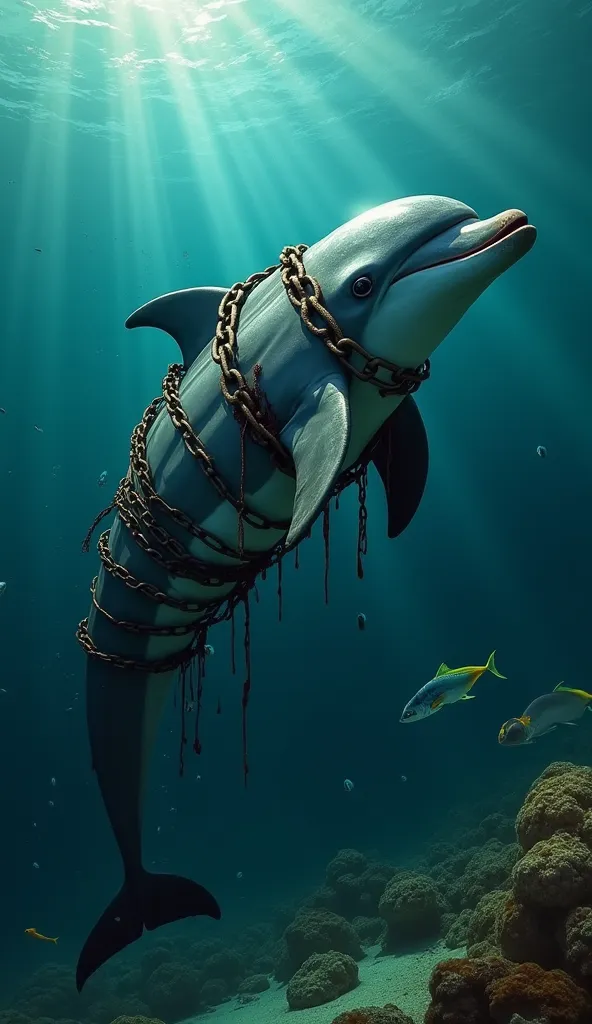 Deep underwater, the mother dolphin is trapped in thick, rusted chains wrapped tightly around her body. Blood drifts through the water from deep wounds where the chains have cut into her skin. Her eyes are filled with pain and fear as she struggles helples...