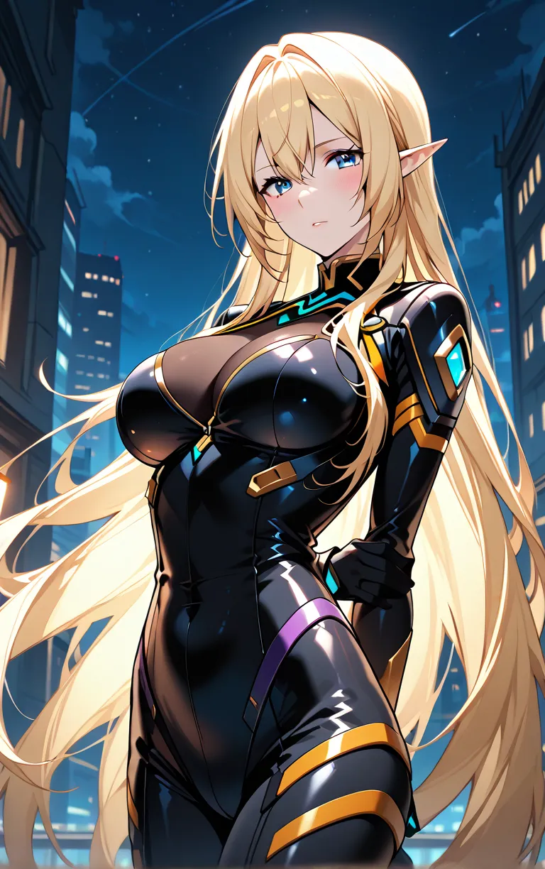 
score_9, score_8_up,score_7_up,source_anime,Alpha_Eminence, 1girl, looking at viewer, black bodysuit, breasts, gloves, hands behind back,night