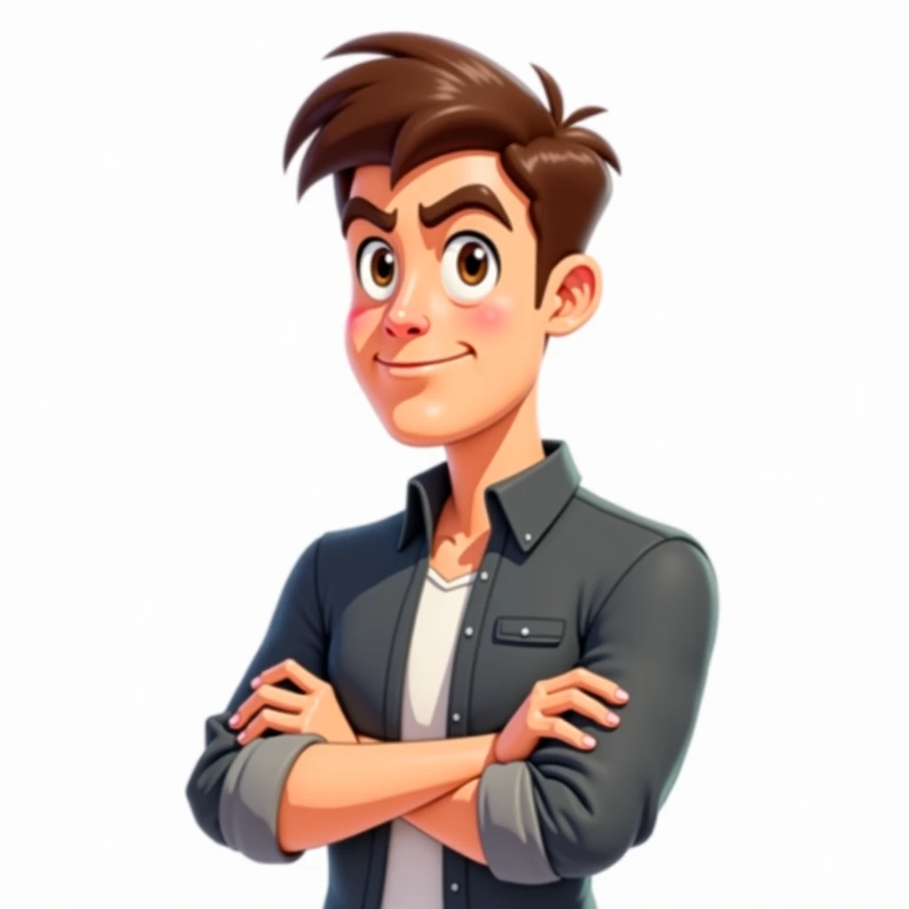 **Cartoon-style Prompt in Toon Boom Harmony (White Background):**

**Scene:**  
A **handsome 27-year-old man** with **light skin** and **short, well-groomed brown hair** stands with an expression of **bravery and determination**. Despite his young age, his...