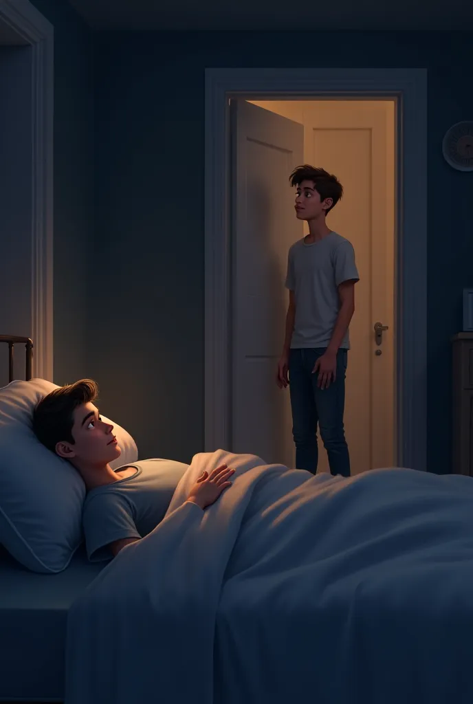 Photo of a young man who sleeps in his bed with the light turned off and wakes up to see his cousin wearing jeans and light gray short sleeve shirt standing at the door very smiling 