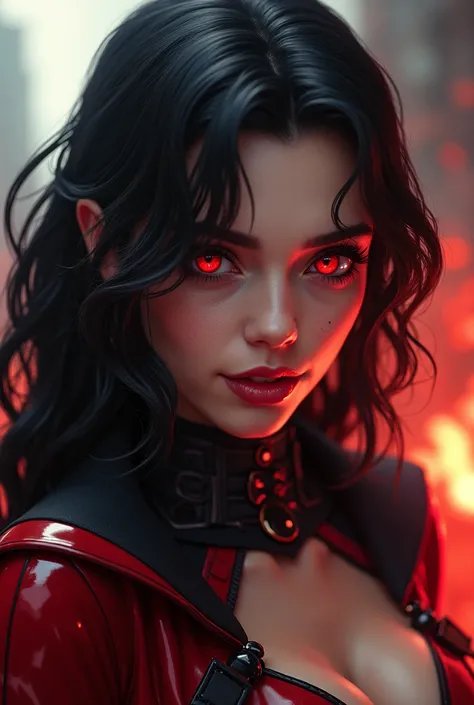 Young girl of 23, She measures 163 cm , light skin, long black hair with red locks,  crimson eyes, linda,  with vampire fangs , sharp nails,  superhero , Wearing a red and black hero costume. 