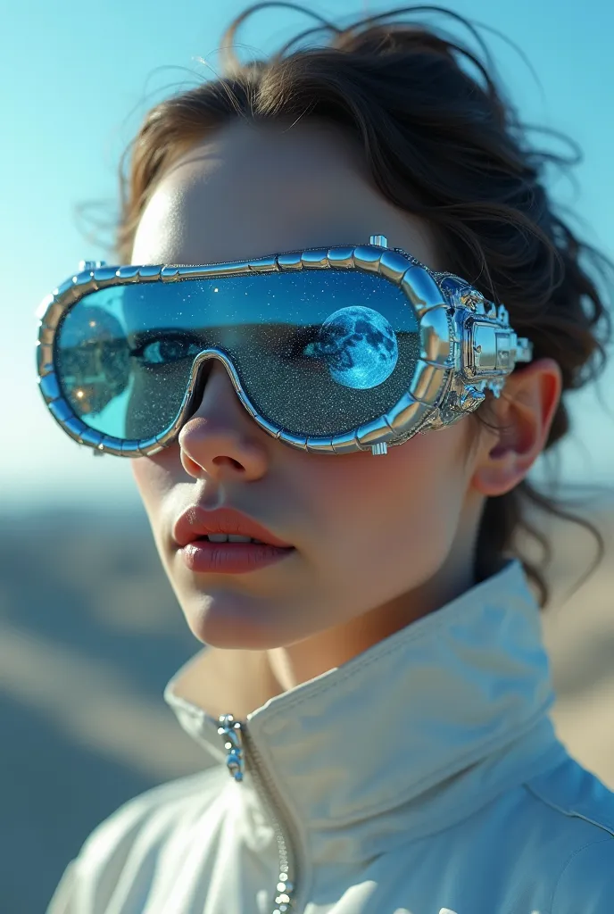 The model is wearing glass sunglasses with stars and the moon on the glass