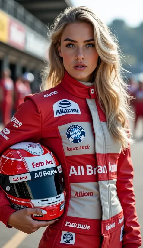 Ultradetailliertes Ganzkörperporträt einer wunderschönen audi-Rennfahrerin. The light blond girl has striking, young facial features with a determined, concentrated facial expression. She is wearing a slim, professional FC Bayern racing suit, adorned with ...