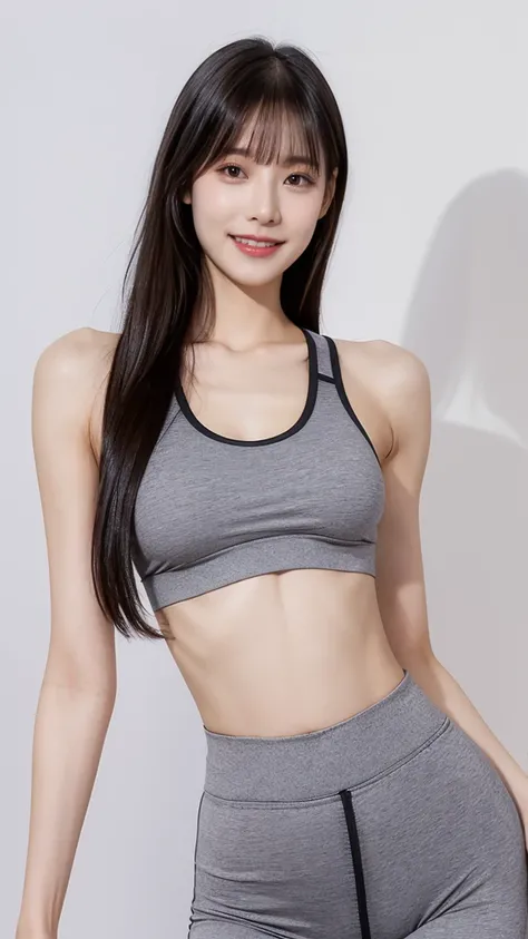 Grey sports bra、ナイキのグレーの下着Wear、smile、 pretty face、natural makeup、   black hair、 My bangs are heavy、straight hair 、semi-long、 has bangs、The whole body is thin, Wear tight, fashion model ,Wear、,   waist height  ,and I'm waving
