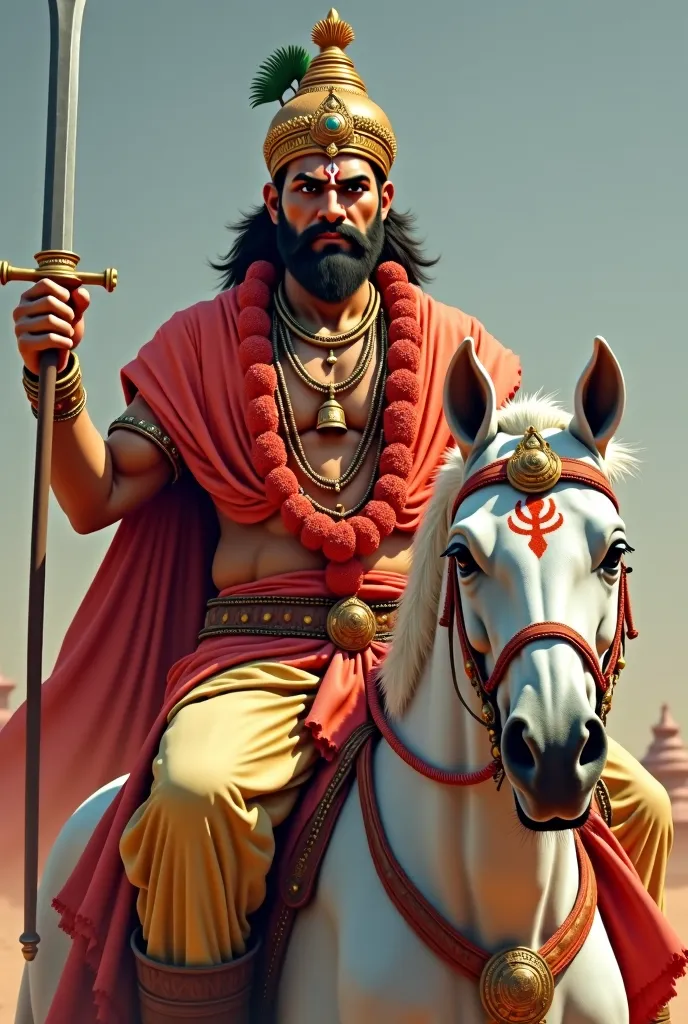 Create a image of a king with angry face and only moustache and no beard wearing only dhoti and garland of bell in neck with sword in one hand and sitting on full white horse and on forehead of king there is 3 lines tilak 