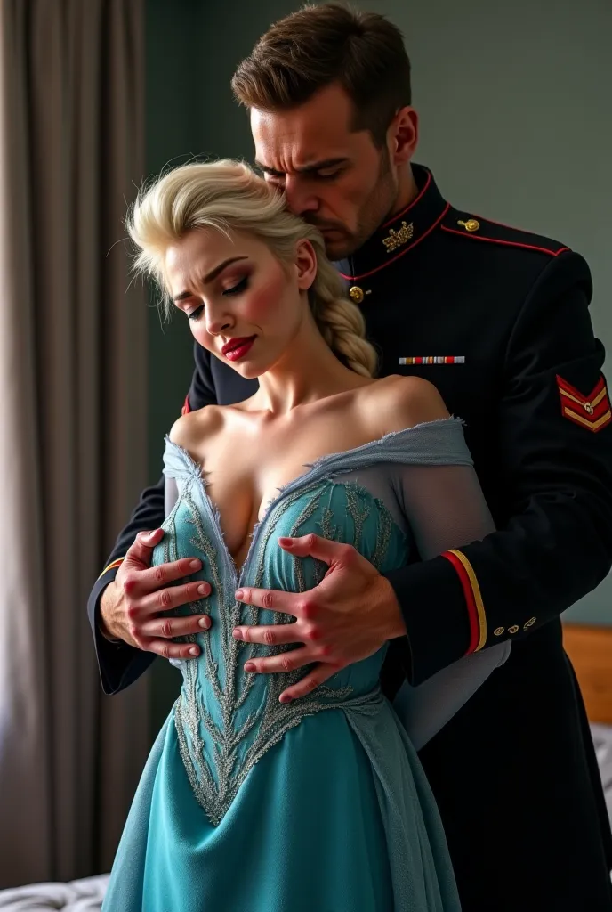 [[Elsa from frozen with her arms tied behind her back wearing a badly ripped gown which has been torn down the middle and pulled open exposing her large bare naked heaving breasts and nipples,]] Weeping and struggling in the arms of [[a brutish scarred man...