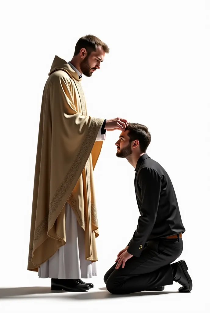 real image of a Catholic priest, throwing ashes on the head of a faithful Catholic on his knees , white background 4k