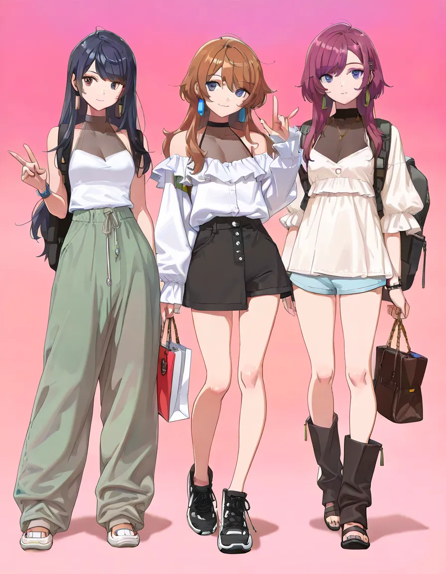 (((Best Quality))), 3 girls, anime characters, fashionable and trendy, outfit designs, diverse outfits, (upper body character design), outfit design, fashion concept art, knit, shirt, shorts, skirt, blouse, halter neck, see-through cleavage,  camisole, lon...