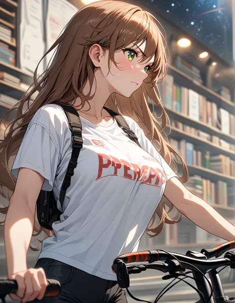 (8k、Best image quality、highest quality、masterpiece)、detailed face、  20 years old _girl、brown-hair、 long hair 、green_eyes  ,( Furen _peering at the stars)、( large _  breasts  ),( white _ short _T-shirt:1.5)、Off the shoulder、black shoulder straps、( short _Bi...