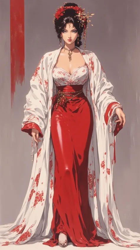 Japanese geisha， Beautiful , full body，Joel Robinson's style, light white and dark red, Classical figurative realism, anime style， Oliver Singer, ZBrush Center, Renaissance, Ansolo's masterpiece, super detailed fantasy character, high accuracy , fear! high...