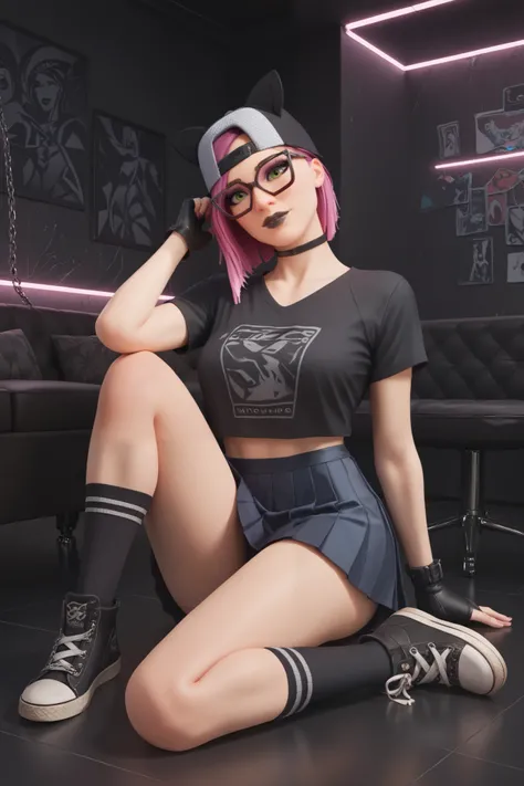 girl (masterpiece),choker,black lips, Black cap,fingerless gloves,evening (only) Black t-shirt, black thigh high long socks, with a short pleated skirt with a chain, black Converse shoes,beautiful green eyes,short pink hair,glasses,sitting on the floor,bla...