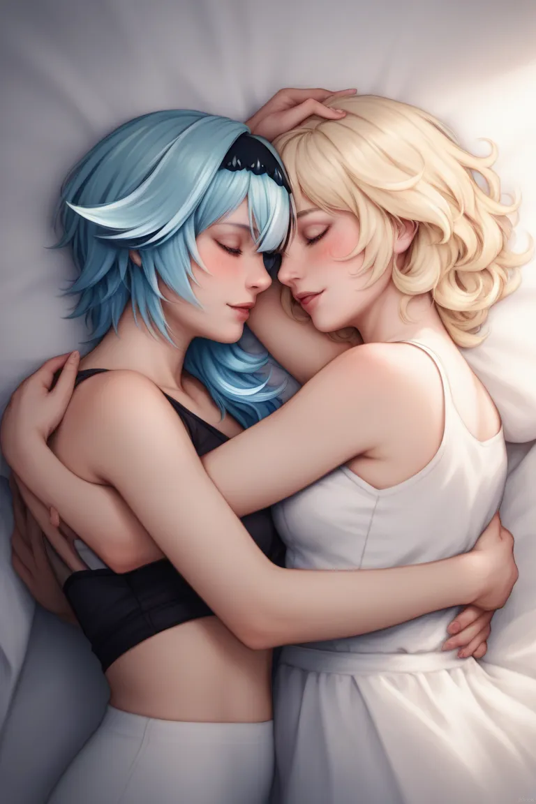 Eula from genshin impact, lying bed, my POV, sleeveless, blushing , (((2 girls))), lesbian 