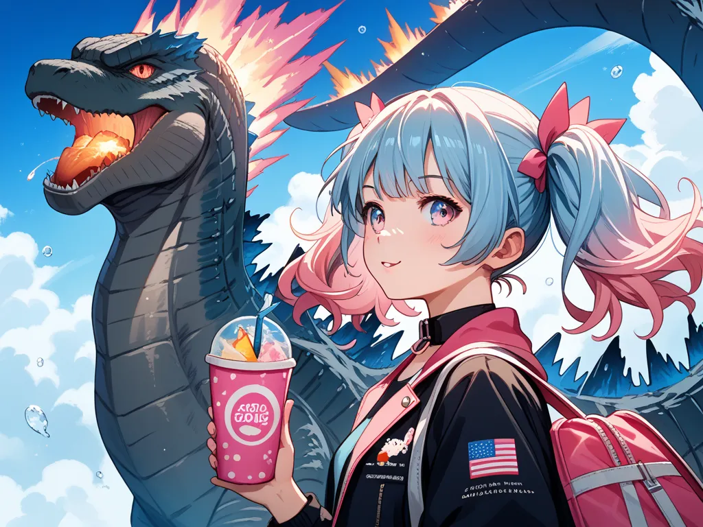  Anime style girl, light blue hair pink locks with 2 pigtails, Breasts 34C, With Godzilla's tail, holding a discount coupon in hand