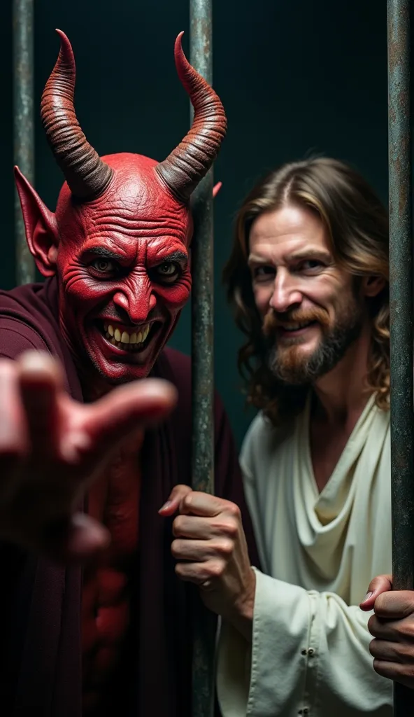 An impactful and symbolic scene showing a demon and a figure similar to Jesus Christ behind the bars of a prison. The demon outside the bars,  with vibrant red skin , curved horns and aggressive expression.  His eyes are wide , and he displays a cruel smil...