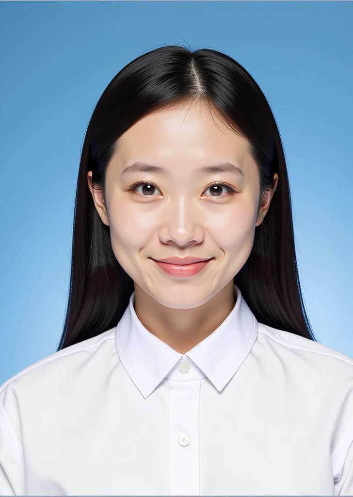 걸작, high resolution, top quality, quality, very long hair, smile, Many lips, white shirt, ID photo,  blue background , realistic on the hand,  expert level, realistic, Extremely Detailed, Physics-based rendering, Clear Focus, vivid colors,  blur background...