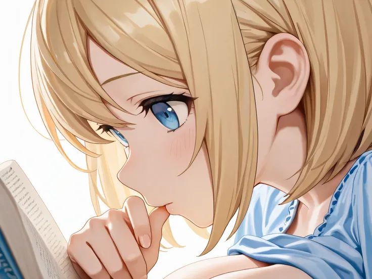 (Highest quality, masterpiece, High resolution:1.1),Hyper Detail,Eye for detail, Natural light, Natural Shadows, One girl, Blonde Bob Hair, wearing blue blouse"A girl is reading a book at a table with her chin on her hand, She seemed completely absorbed.."...