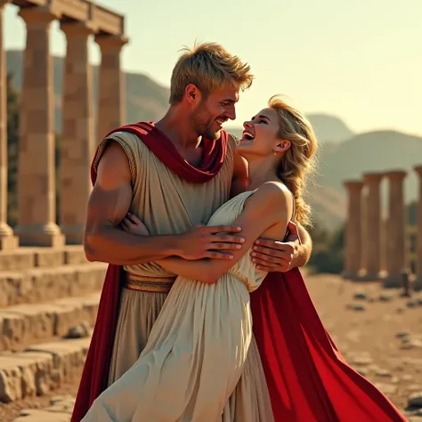 Photograph of a blonde Roman man capturing a blonde Roman woman, he is holding her by the arms as she screams in despair, white and red toga, Roman temple background image, edited in adobe premiere, 8k