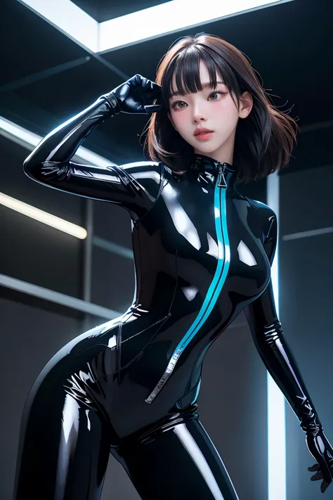 solo, super fine photo, portrait Unreal Engine 5 8K UHD of beautiful girl in a skin tight black latex outfit with blue neon light details, slick black catsuit, black iconic character, smooth black skin, black body, PVC, some black, glossy latex suit, rubbe...