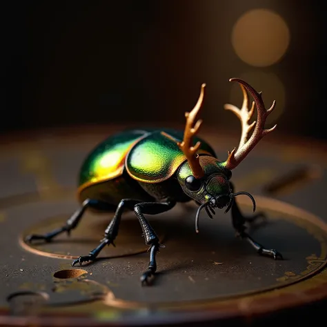 Ultra-realistic macro photography of an exotic stag beetle with iridescent green and gold exoskeleton, detailed mandibles and legs, sharp focus, positioned on a dark wooden surface with hints of antique clockwork elements blurred in the background, dramati...