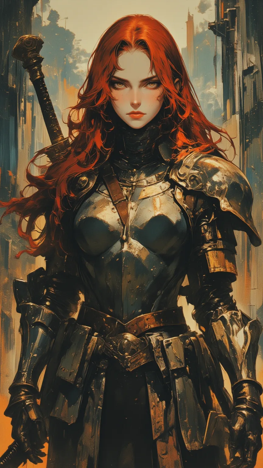 Female Knight，alone, long red hair,  Battle Pose  ,