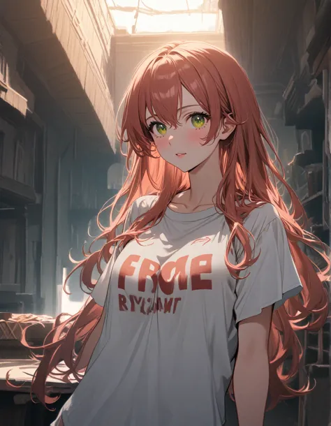 (8k、Best image quality、highest quality、masterpiece)、detailed face、  20 years old _girl、brown-hair、 long hair 、green_eyes  ,( Furen _peering at the stars)、( large _  breasts  ),( white _ short _T-shirt:1.5)、Off the shoulder、black shoulder straps、library bac...