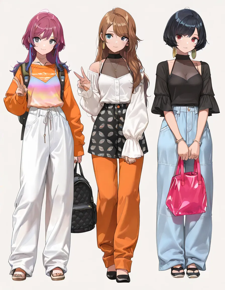 (((Best Quality))), 3 girls, anime characters, fashionable and trendy, outfit designs, diverse outfits, (upper body character design), outfit design, fashion concept art, knit, shirt, shorts, skirt, blouse, halter neck, see-through cleavage,  camisole, lon...