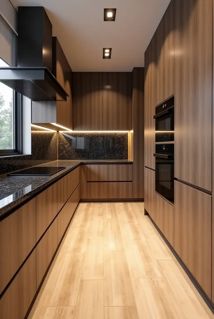 Kitchen design, furniture is HPL dark beige wooden textured, kitchen flooring is HDF light beige wooden textured, marble is black with sparkles, ceramic on wall is 8cm in 16cm bricks light beige