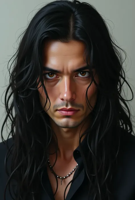  Light brunette man with long black hair brown eyes