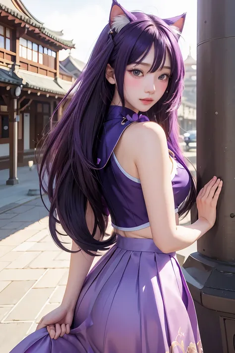 anime girl, purple cat ears, long hair, beautiful clothes, guvez style, 4k clarity, cgstation pop, antique architecture, seductive girl, attractive, genshin keru, anime style, 8K, Beautiful anime woman, Girl Front.