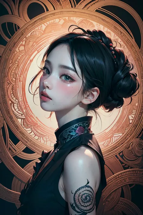 official art, unity 8k wallpaper, ultra detailed, beautiful and aesthetic, masterpiece, best quality, chinese style, (zentangle, mandala, tangle, entangle), ecstasy of flower, 1girl, extremely detailed, dynamic angle, cowboyshot, the most beautiful form of...