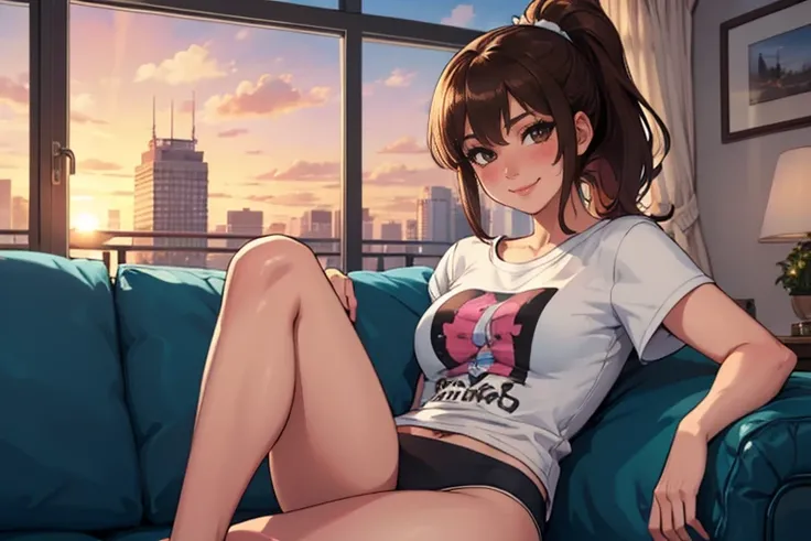 (masterpiece, highly detailed, highest quality), a beautiful girl relaxing on her sofa, tee shirt, panties, brown hair, ponytail, window, sunset, cozy, indoors, looking at viewer, blush, smile, 80s style