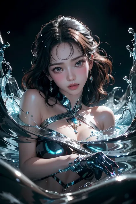 best quality, masterpiece, realistic, 1girl, goddess, messy [updo|hanging] hair, (full body:0.6), solo, (full body:0.6), looking down, detailed background, detailed face, Sc3pt4, sci-fi theme:1.1), mercury-wizard, melancholic, surrounded by waves of irides...