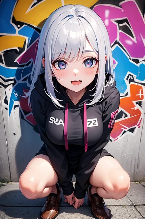 masterpiece, high quality, High Resolution, Absard Dress, super detailed, 8k, 1 girl crouching, Platinum Grey Hair ,  Lantern, colorful hair, gradient hair, viewer,  colorful eyes,  colorful hoodie, (wall background with graffiti :1.15),  Brilliant and Col...